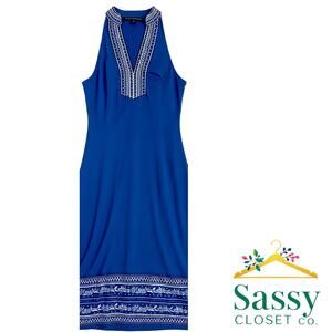 WHBM Blue Halter Dress Embroidered V‑Neck Stretch Pullover Women’s SP